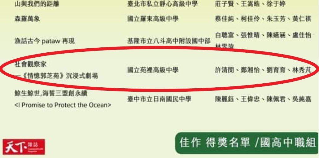 賀!!!!高一多元選修課程–社會觀察家教案得獎